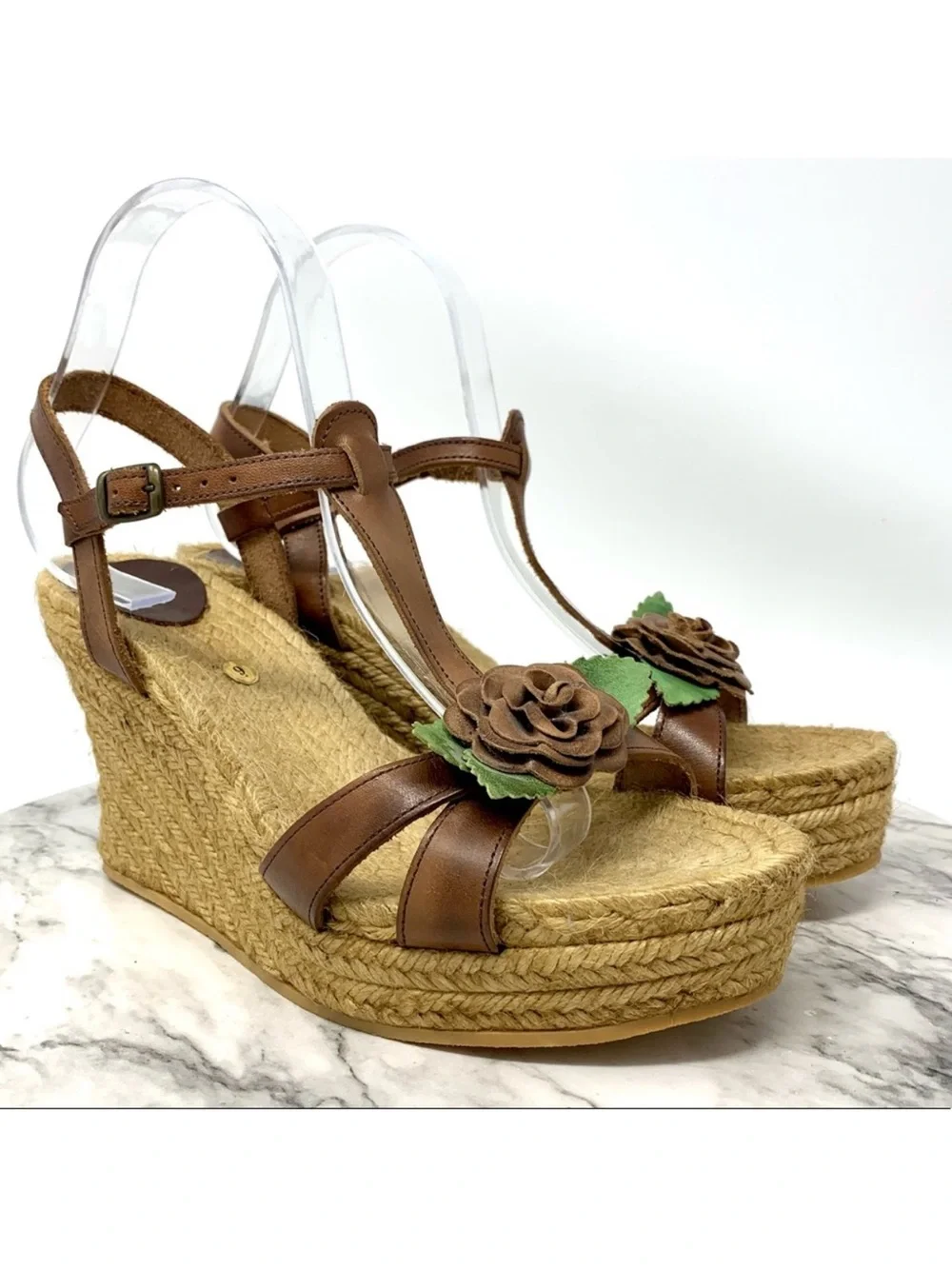 Andrea Assous Brown Leather Flower T-Strap Espadrille Wedges 9 Cottagecore
